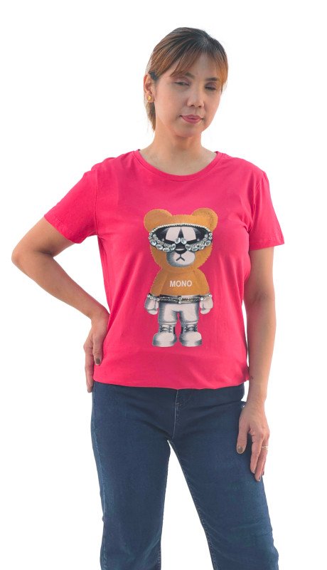Women's Mono Bear Print Round Neck Short Sleeve T-Shirt - Pink