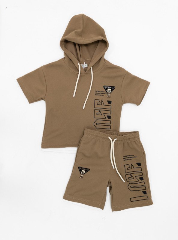 Boys’ Sporty Hooded Set with Bold Graphic Print - Brown