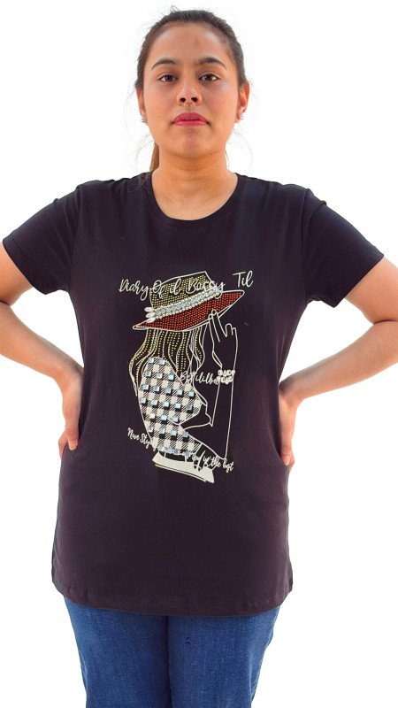 Women's Lady Wearing Hat With Quotes Round Neck Short Sleeve T-Shirt - Black