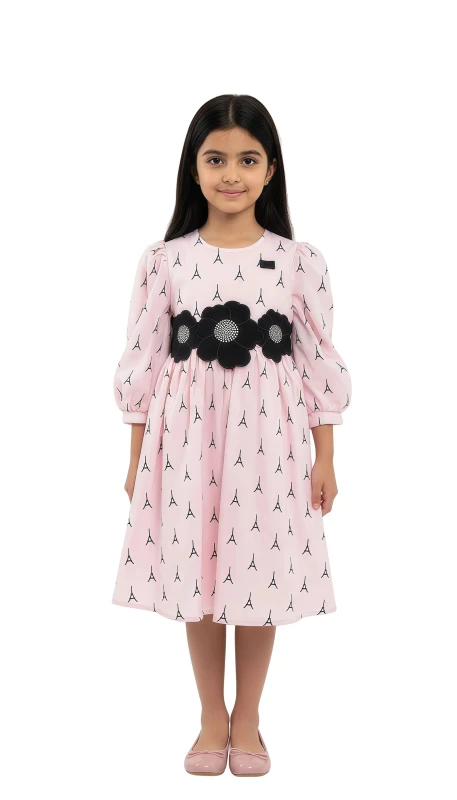 Girl's  Eiffel Tower Print Dress with Floral Belt - Pink