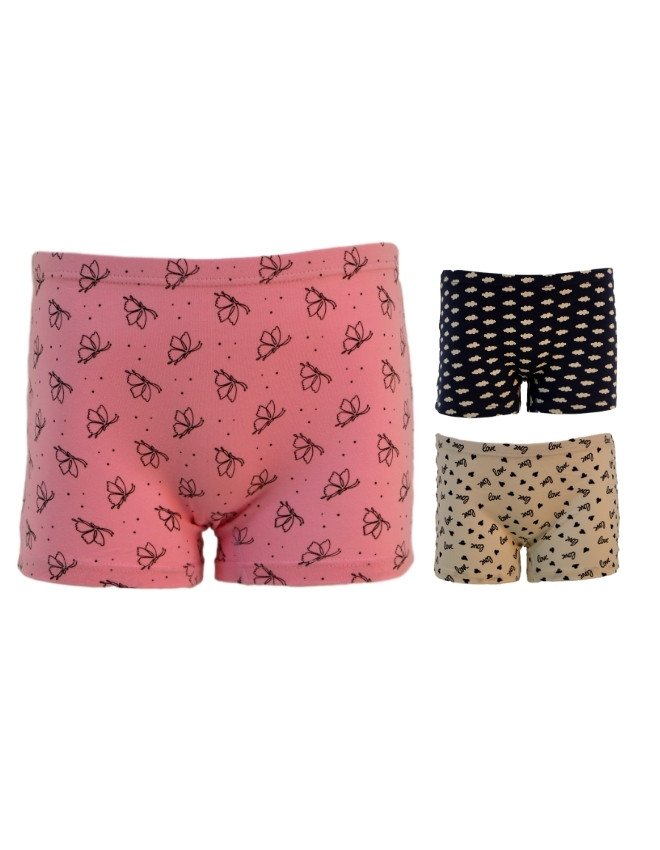 Girl's Multiple Design Boyshort 3-Pack Underwear, Multicolor - Pink