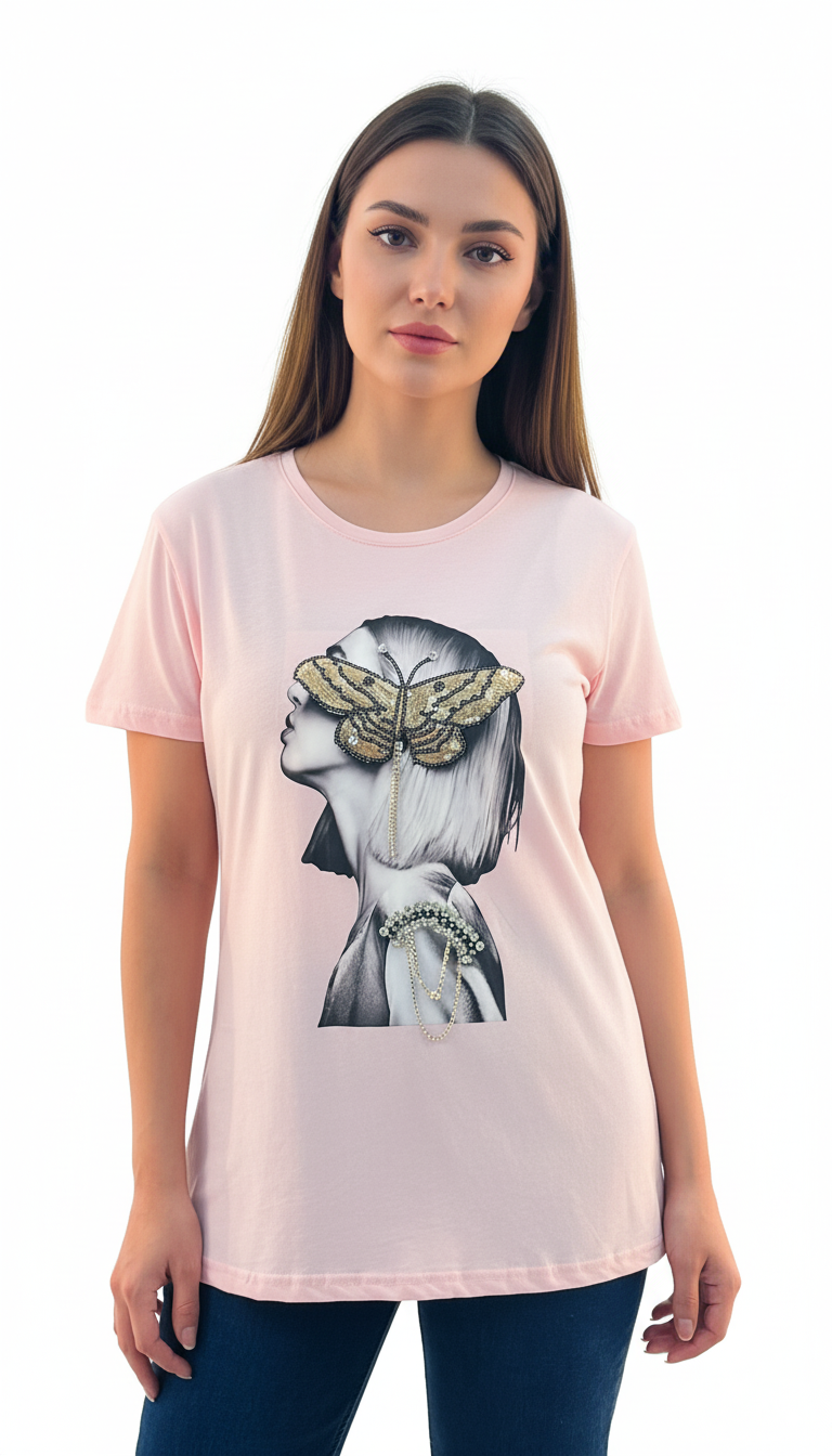 Women's Lady With Butterfly Print Round Neck Short Sleeve T-Shirt - Pink