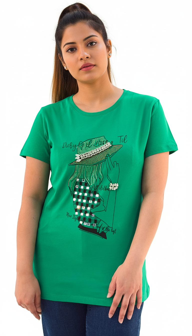 Women's Lady Wearing Hat With Quotes Round Neck Short Sleeve T-Shirt - Green