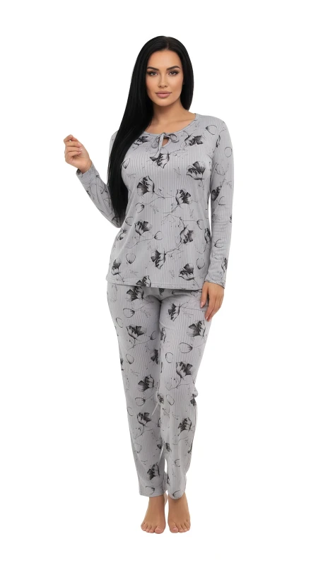 Women's Soft Ribbed Nightwear with Botanical Print - Gray