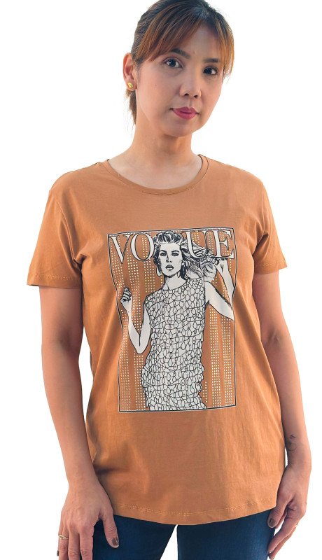 Women's Vogue Girl Design Round Neck Short Sleeve T-Shirt - LightBrown