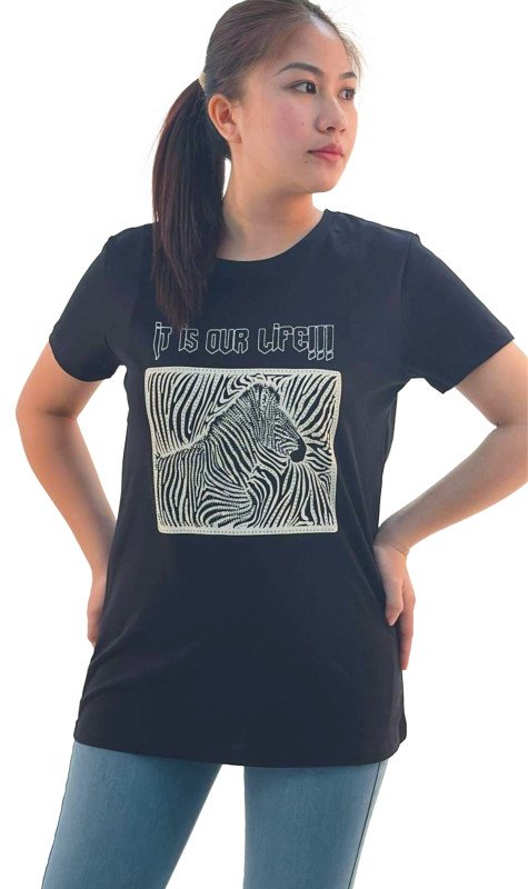 Women's It Is Our Life Quotes with Animal Print Round Neck Short Sleeve T-Shirt - Black