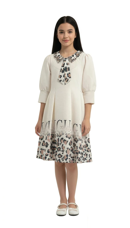 Girls' Bow Collar Print Dress - Green