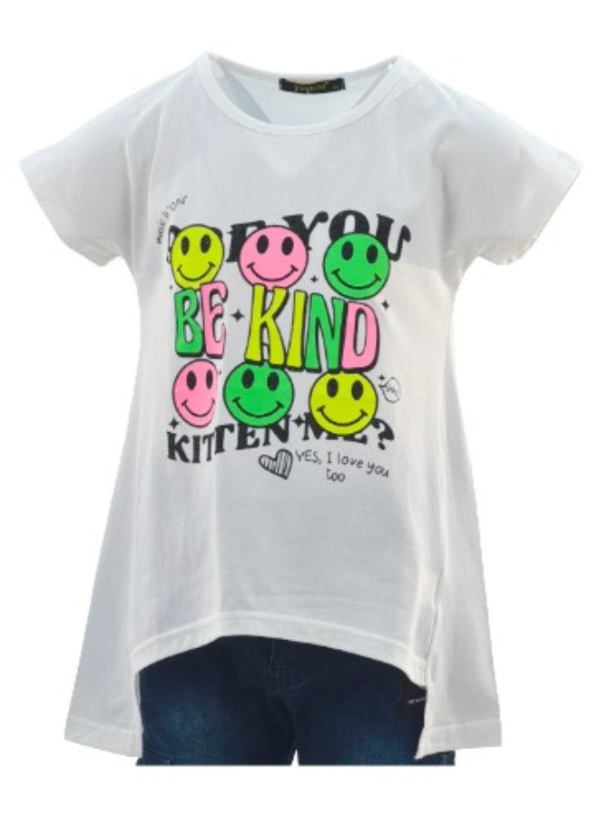 Girl's Smiley with Be Kind Print Round Neck Long Back Short Sleeve T-Shirt - White