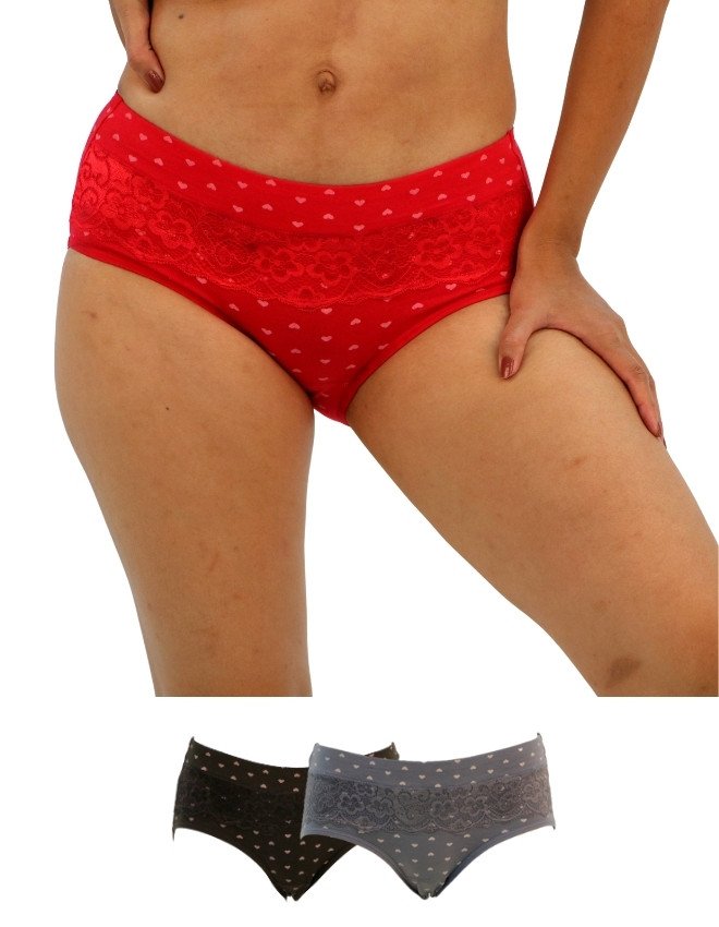 Women's Heart & Lace Front Design Mid Rise 3-Pack Panties, Multicolor - Red
