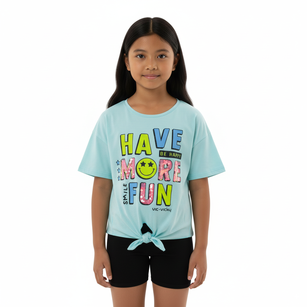 Girl's Front Tie With Have More Fun Print Round Neck Short Sleeve T-Shirt - LightGreen