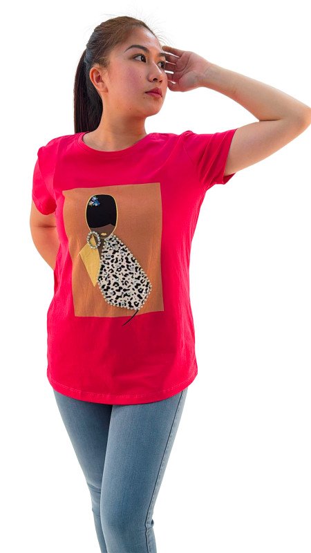 Women's Lady Design Round Neck Short Sleeve T-Shirt - Pink