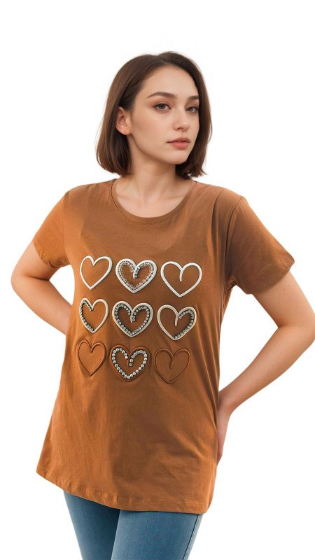 Women's Hearts Print Round Neck Short Sleeve T-Shirt - Brown