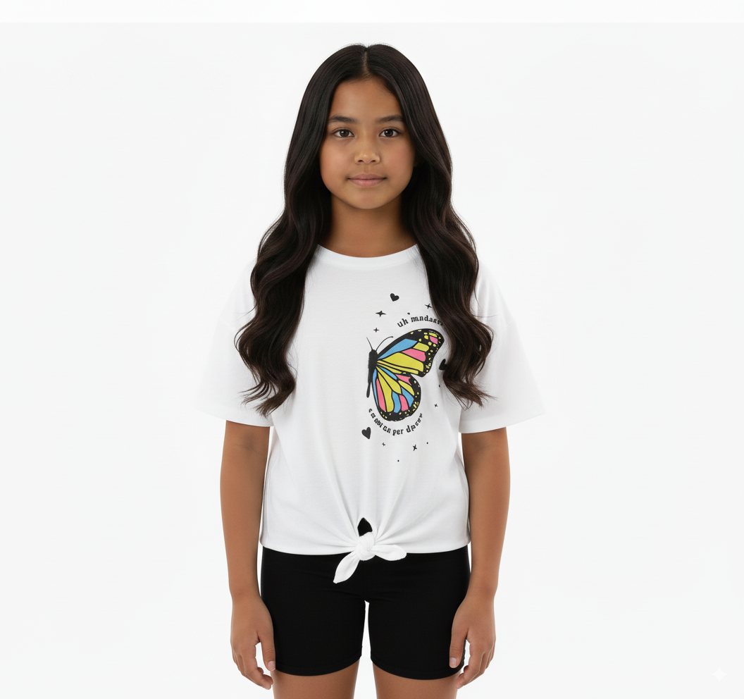 Girl's Front Tie With Butterfly Design Round Neck Short Sleeve T-Shirt - White