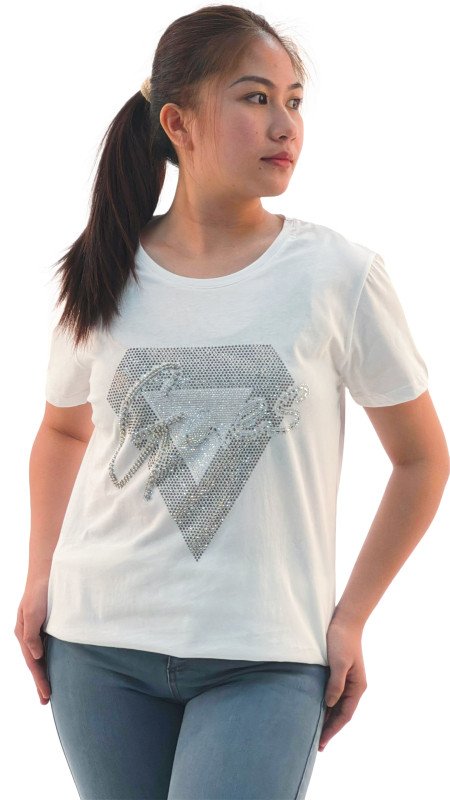 Women's Diamond Design With Quotes Round Neck Short Sleeve T-Shirt - White