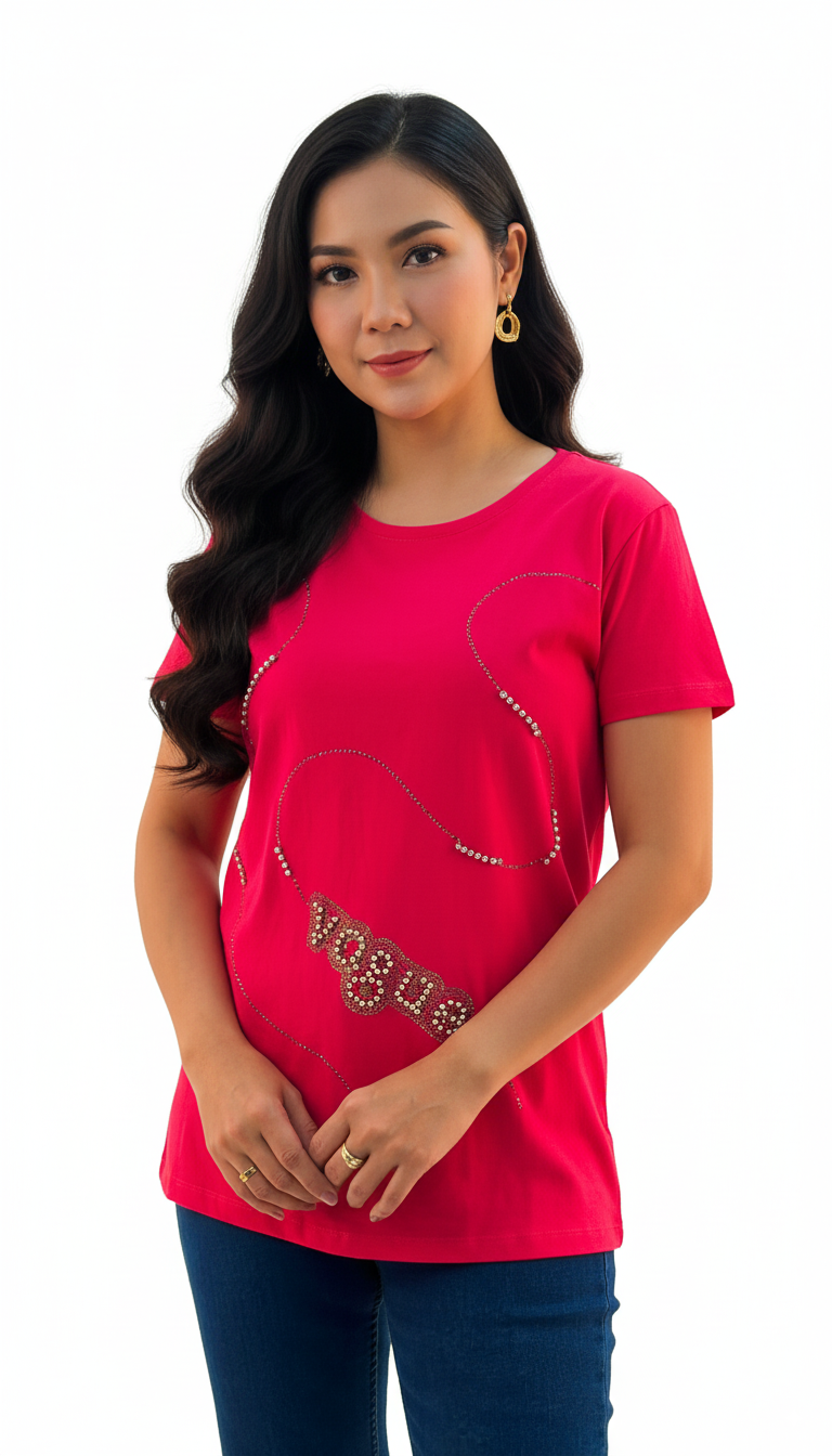 Women's Vogue Print Round Neck Short Sleeve T-Shirt - Pink