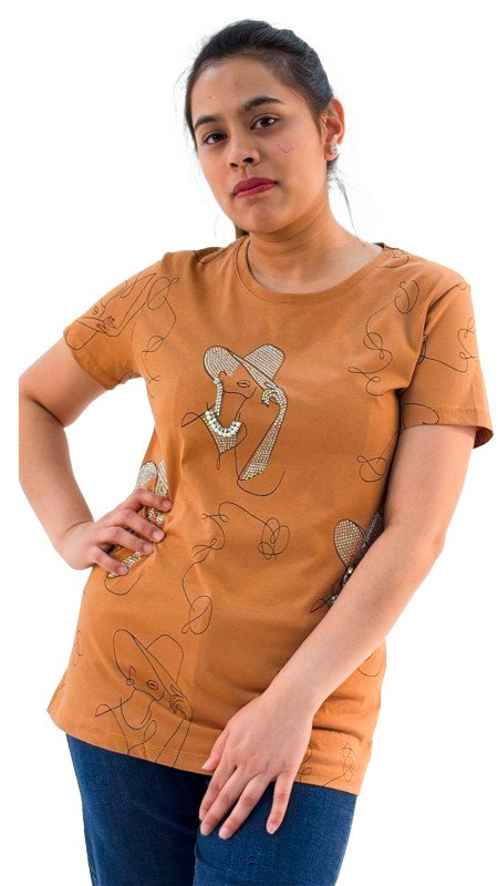 Women's Lady With Hat Design Round Neck Short Sleeve T-Shirt - Brown