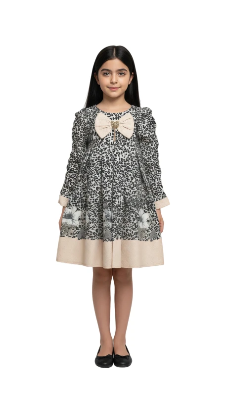 Girls Animal Print Dress with Bow - Beige