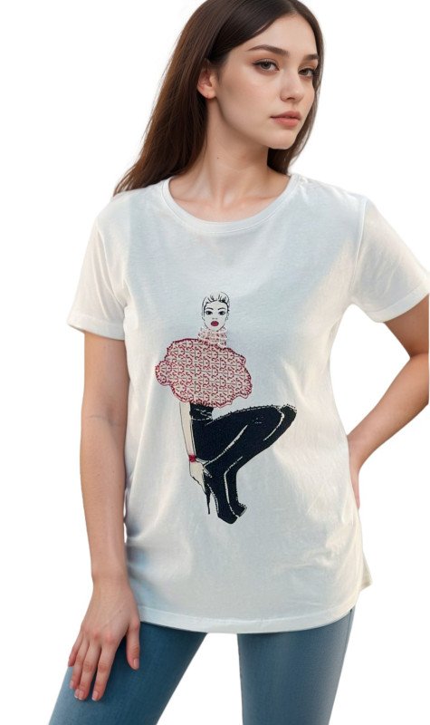 Women's Lady Wearing High Heels Design Round Neck Short Sleeve T-Shirt - White