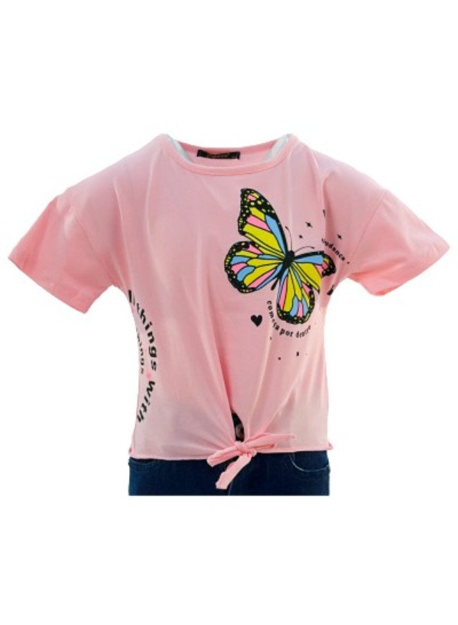 Girl's Front Tie With Butterfly Design Round Neck Short Sleeve T-Shirt - Pink