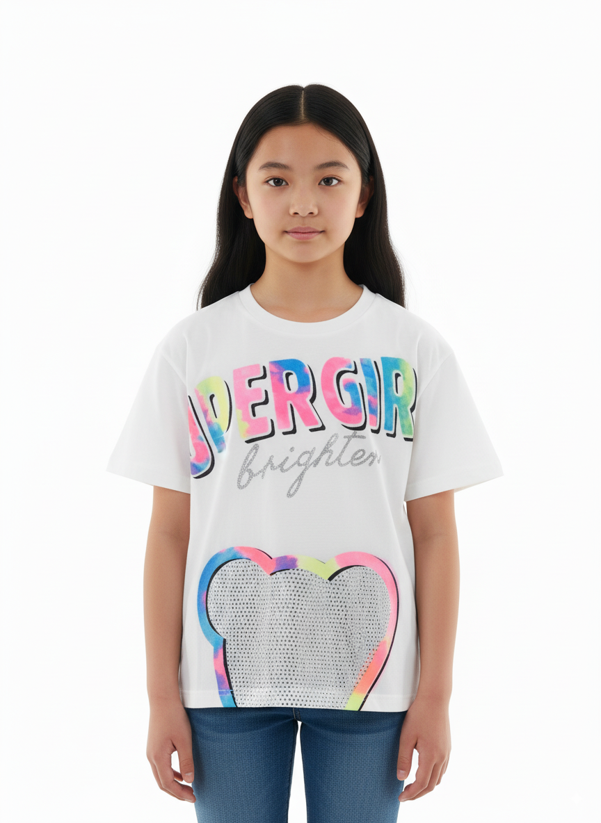 Girl's Super Girl Brighter Print Round Neck Short Sleeve T-Shirt - White