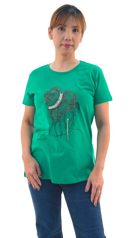 Women's Lady With Hair Bun Print Round Neck Short Sleeve T-Shirt - Green