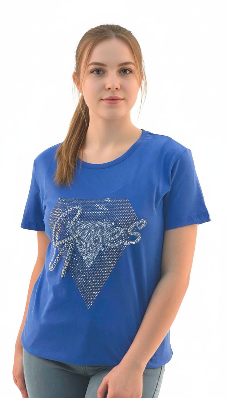 Women's Diamond Design With Quotes Round Neck Short Sleeve T-Shirt - Blue