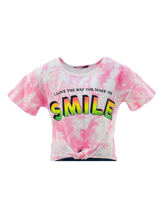 Girl's Front Tie With I Love The Way You Make Me Smile Quotes Round Neck Short Sleeve T-Shirt - Pink