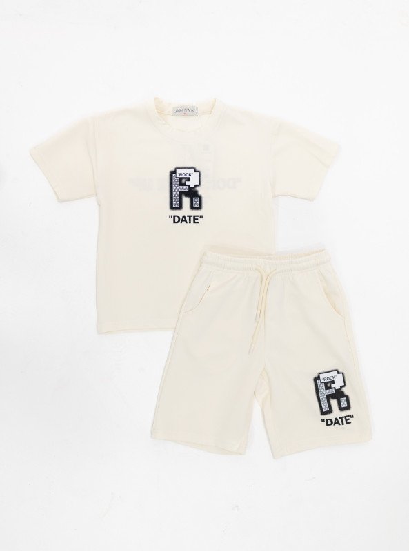 Boys’ Casual Embroidered “DATE” Set – T-Shirt & Shorts - White