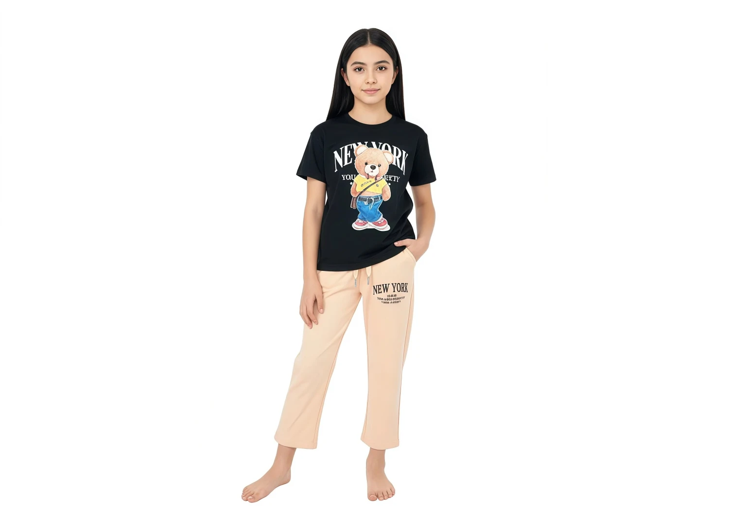 Cozy Bear Graphic Tee & Lounge Pants Set for Girls - Black