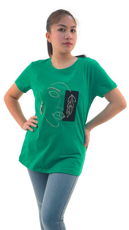 Women's Lady Face Print Round Neck Short Sleeve T-Shirt - Green