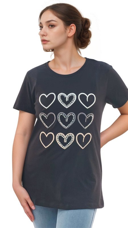Women's Hearts Print Round Neck Short Sleeve T-Shirt - Black