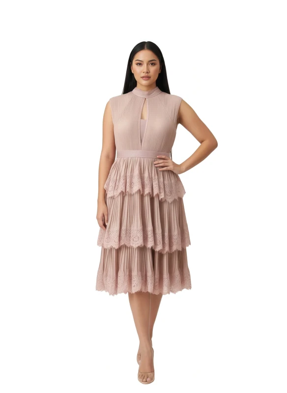 Women's Mock Neck Cutout Tiered Midi Dress - PeachPuff