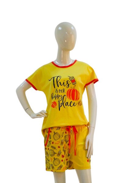 Women's Printed Cotton Lounge Set – "This is Our Happy Place" - Yellow
