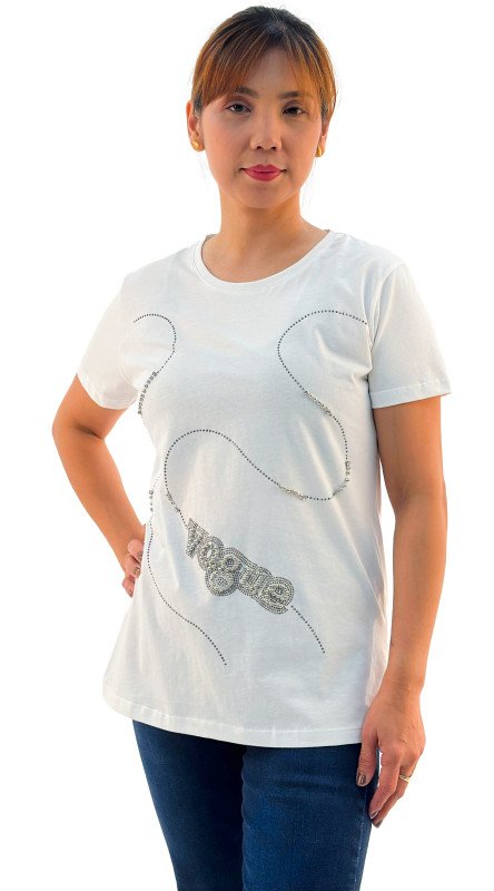 Women's Vogue Print Round Neck Short Sleeve T-Shirt - White