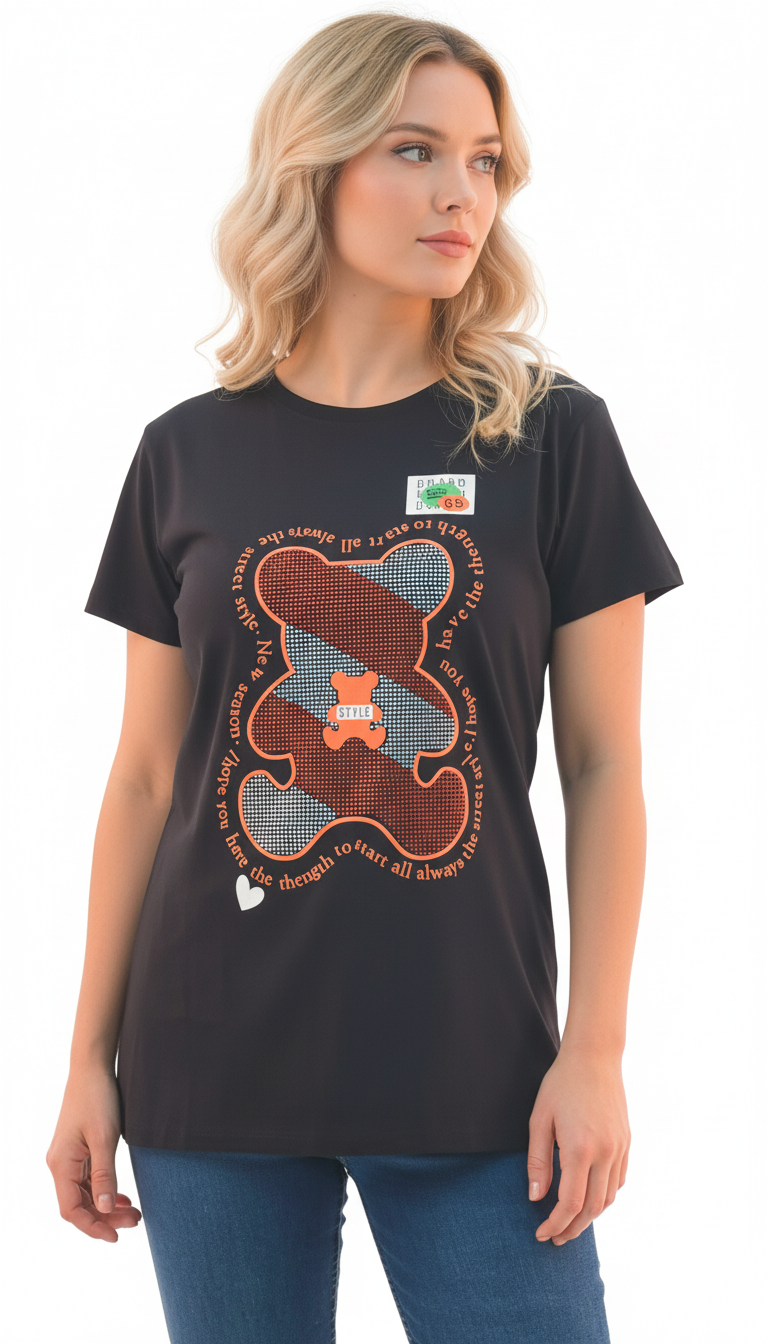 Women's Bear Design With Quotes Round Neck Short Sleeve T-Shirt - Black