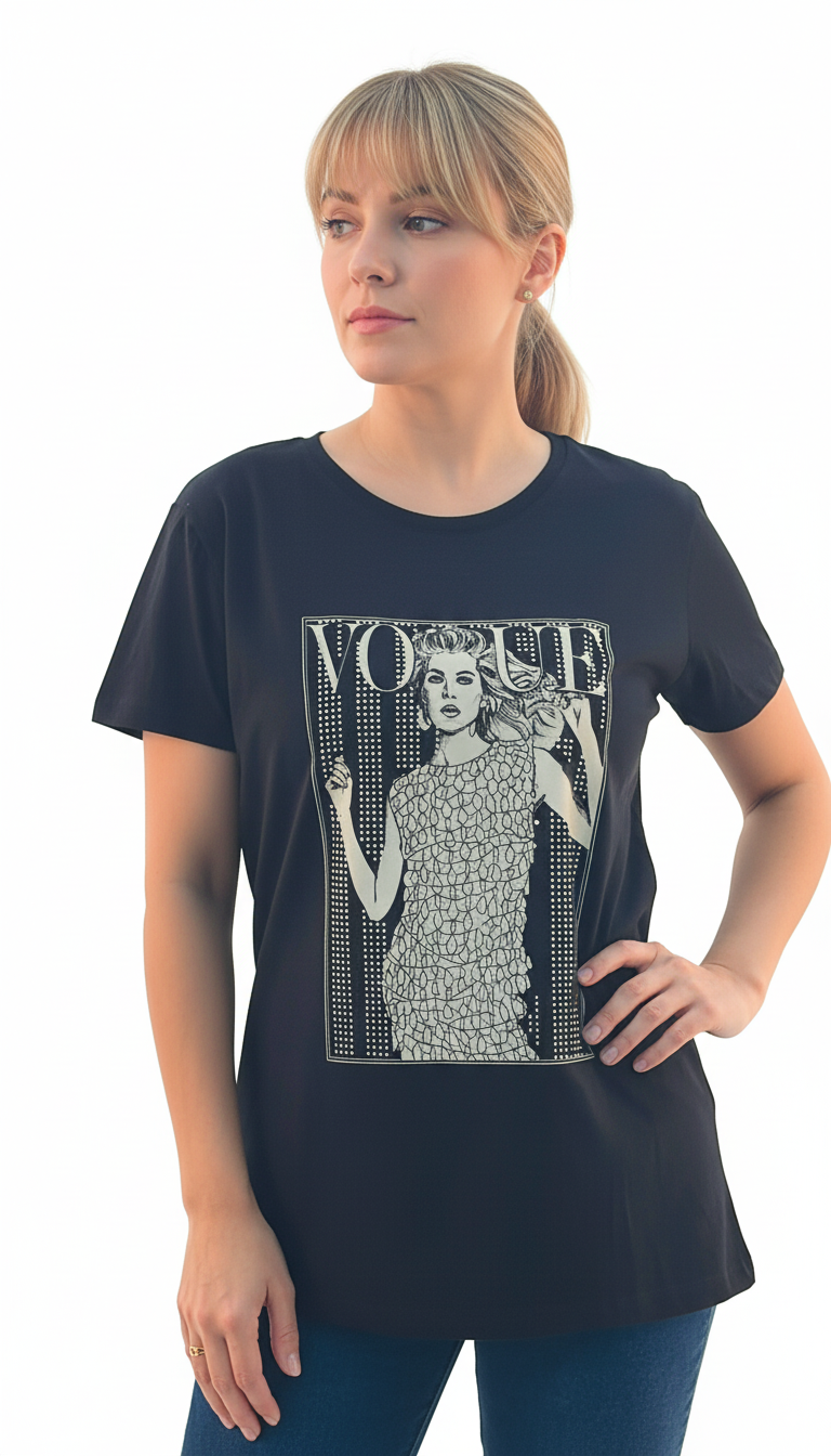 Women's Vogue Girl Design Round Neck Short Sleeve T-Shirt - Black