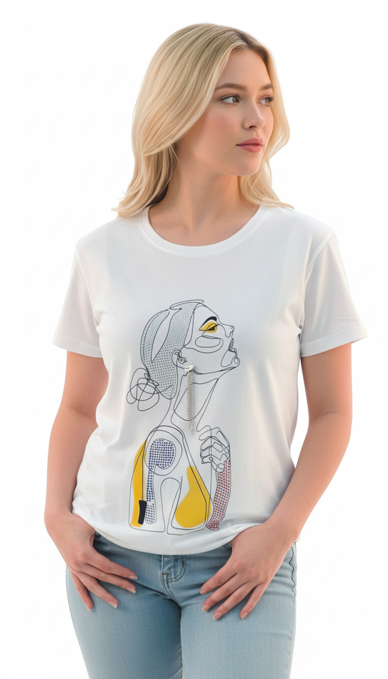 Women's Sad Lady Print Round Neck Short Sleeve T-Shirt - White