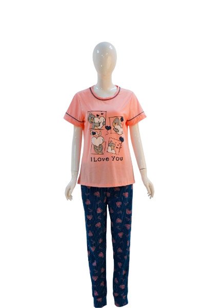 "I Love You" Cute Cartoon Print Women's Cotton Pajama Set - LightPink