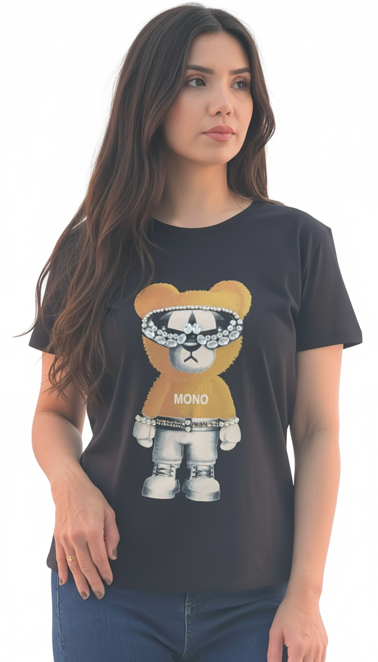 Women's Mono Bear Print Round Neck Short Sleeve T-Shirt - Black