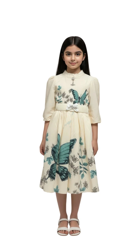 Girl's Enchanted Butterfly Belted Dress - Beige