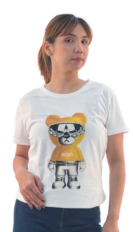 Women's Mono Bear Print Round Neck Short Sleeve T-Shirt - White