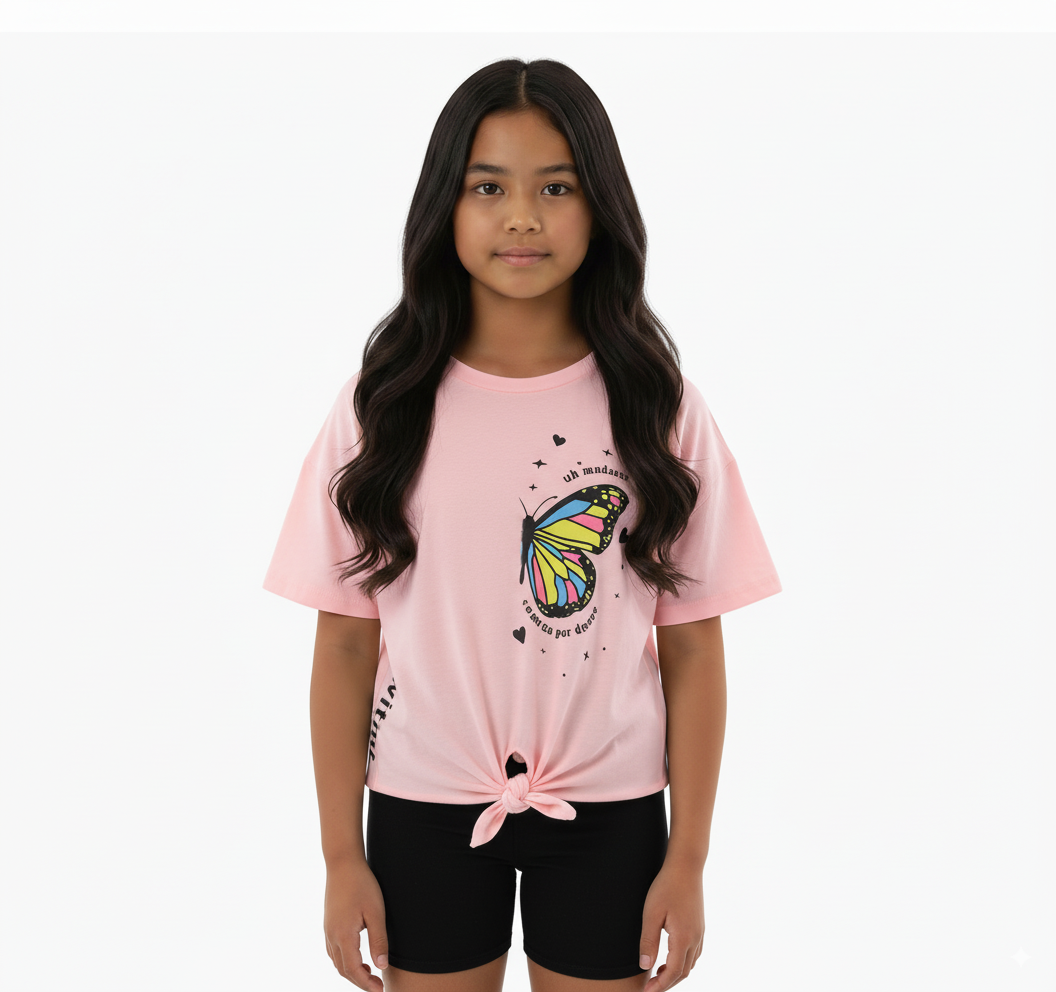 Girl's Front Tie With Butterfly Design Round Neck Short Sleeve T-Shirt - Pink