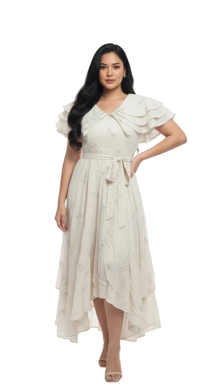 Women's Pearlescent Ruffle Midi Dress - Beige