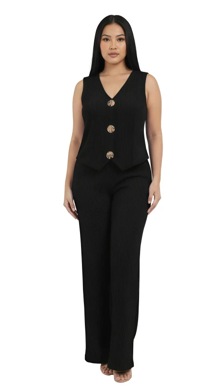 Women's Ribbed Knit Button-Front Vest & Wide Leg Pant Set - Black