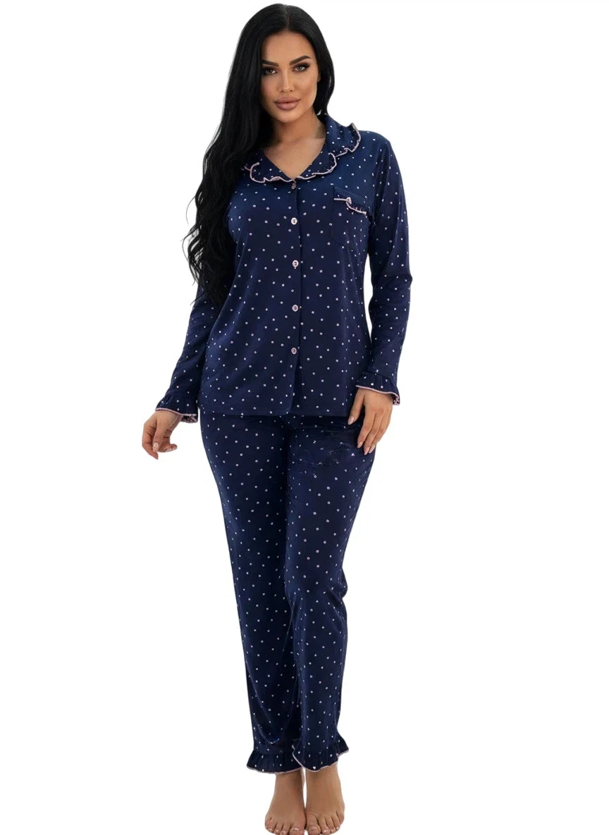 Women Sweet Ruffle Detail Pajamas - Navy