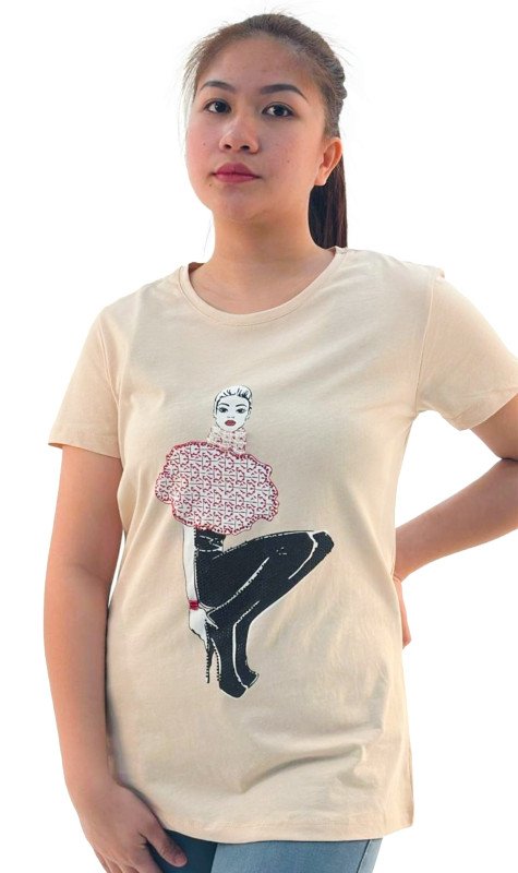 Women's Lady Wearing High Heels Design Round Neck Short Sleeve T-Shirt - Beige