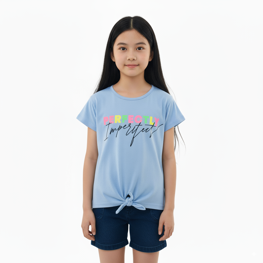 Girl's Front Tie With Perfectly Imperfect Print Round Neck Short Sleeve T-Shirt - Blue