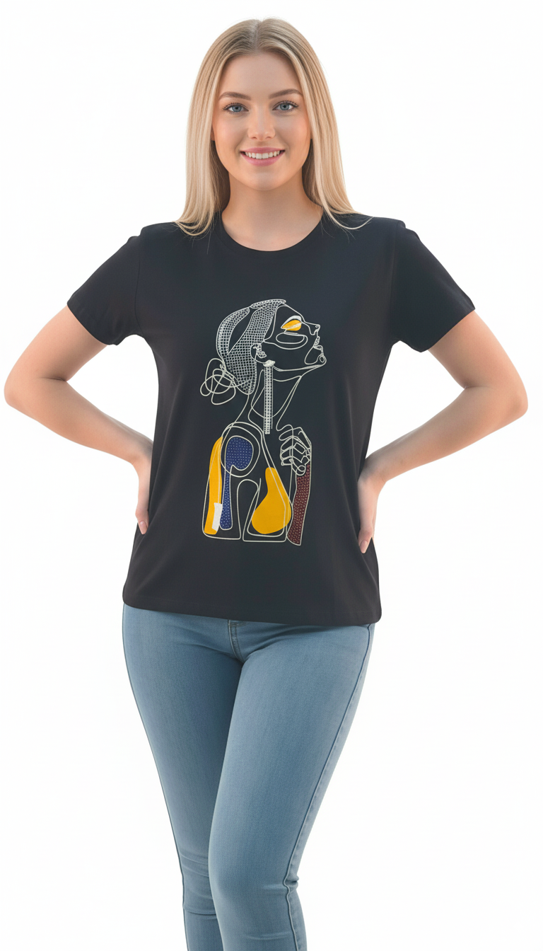 Women's Sad Lady Print Round Neck Short Sleeve T-Shirt - Black