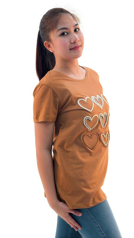 Women's Hearts Print Round Neck Short Sleeve T-Shirt - Brown