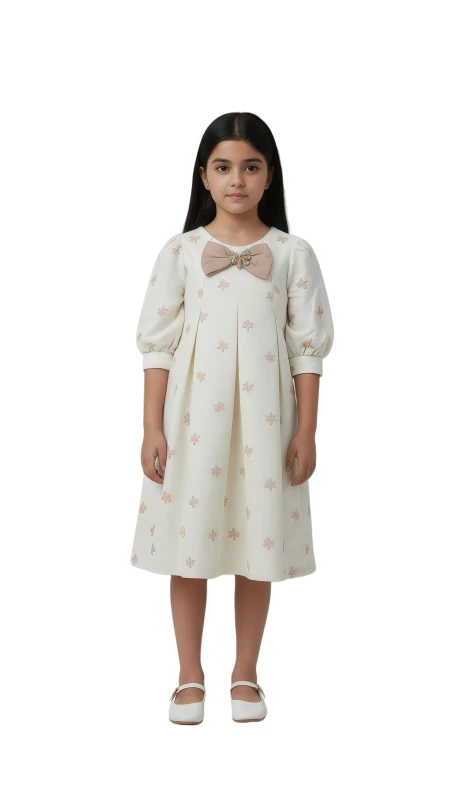 Girl's Blush Bow Embellished Pleated Dress - Beige